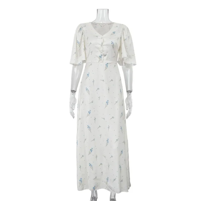 Elegantes französisches Satin-Maxikleid mit Blumenmuster für Damen, V-Ausschnitt, A-Linie, langes Kleid, luxuriöses seidiges Kleid mit kleinem Blumenmuster für Hochzeit, Büro, Alltag – Detail 2