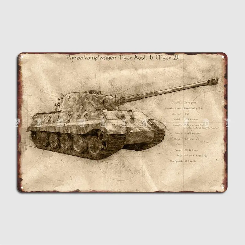 Tiger 2 Tank Sketch Metal Plaque Poster Club Living Room Classic Plaques Tin Sign Poster