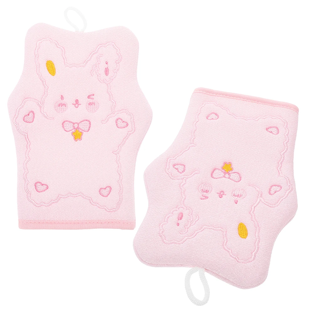 

2pcs Bath Gloves Exfoliating Scrubber Shower Mitts Clean Dead Skin Dirt Lightweight Portable Cartoon Rabbit Embroidery Spa