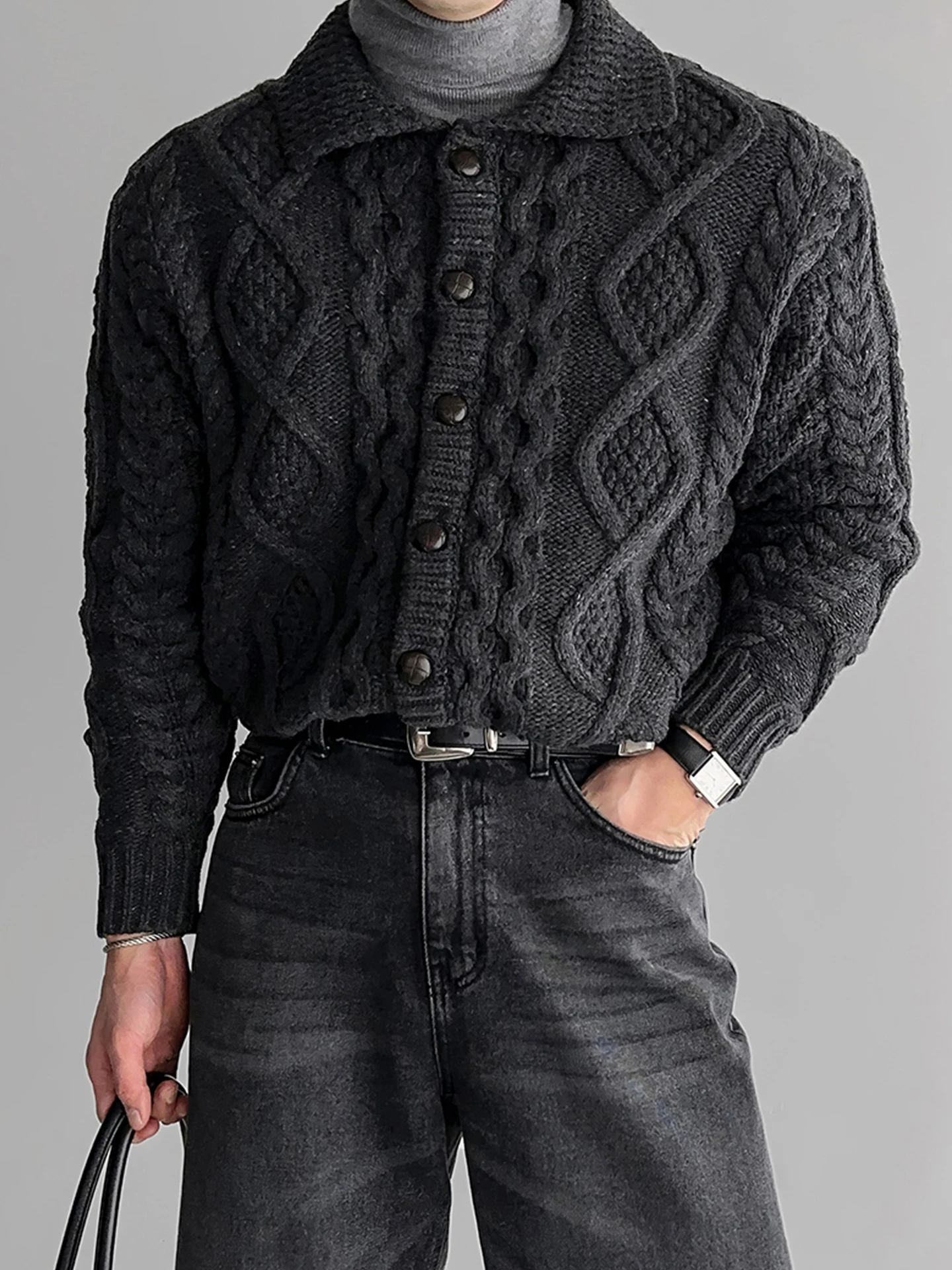 

Мужской вязаный кардиган 3D с длинным рукавом, повседневный свитер-пальто с отложным воротником, винтажный американский стиль, для осени и зимы