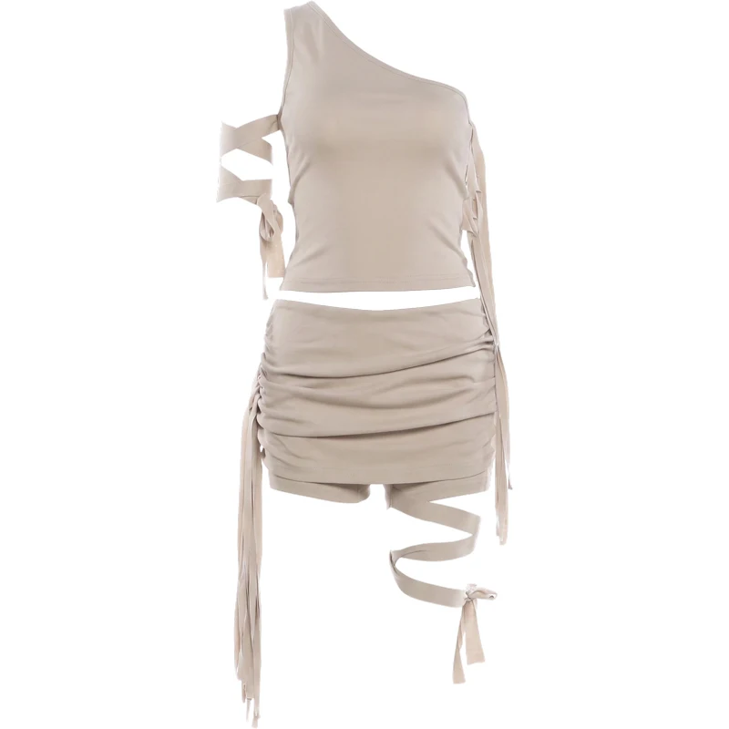 Weird Puss Sexy Quasten-2-Teiler-Set für Damen, schräge Schultern, Bandage-Weste + elastische Taille, klassische Falten, kurzer Mitternachts-Hottie-Anzug – Detail 2
