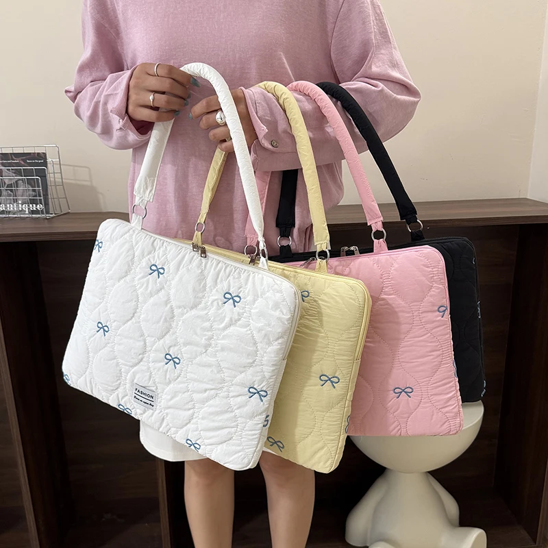 13 Inch Quilted Laptop Sleeve Sweet Bow Embroidery Shockproof Scratch Resistant Nylon Notebook Inner Bag