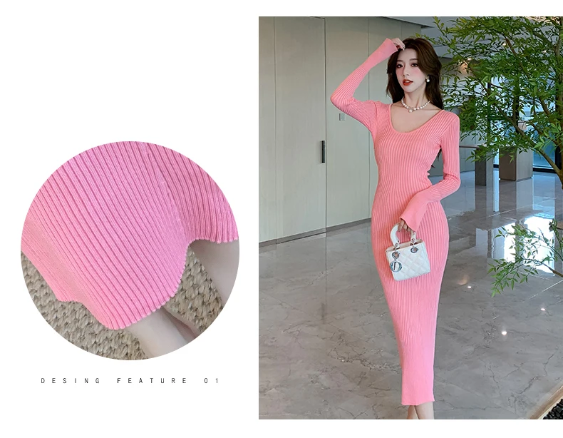Langes Strickkleid für Damen 2026 Herbst Winter Neuerscheinung Langes Kleid mit Trompetenärmeln und V-Ausschnitt Koreanischer Stil Modisches Damenkleid – Detail 6