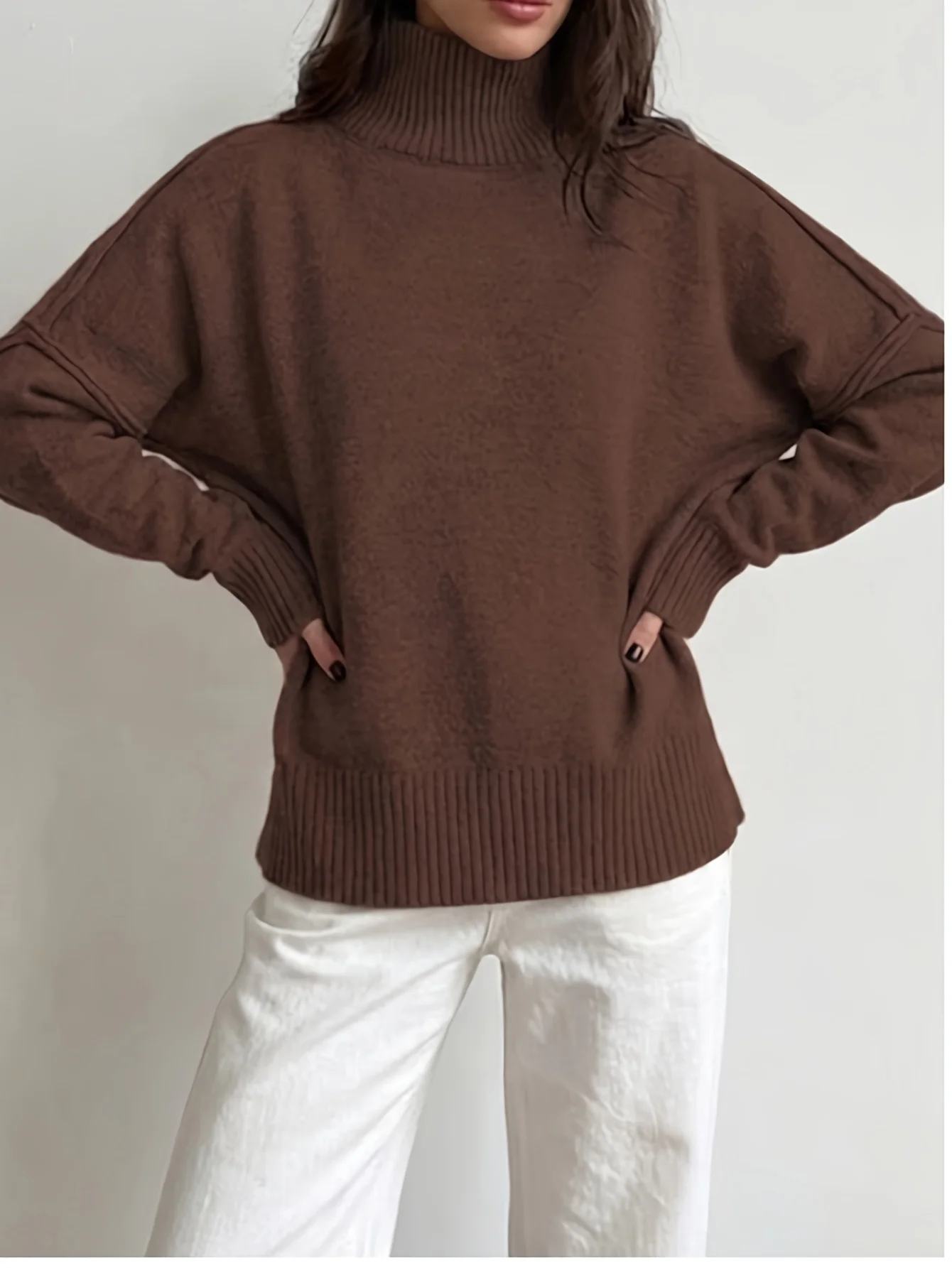Women's High Neck Sweater Solid Color Long Sleeved Knitted Pullover Loose Casual Warm Autumn and Winter Women's Knitted Top