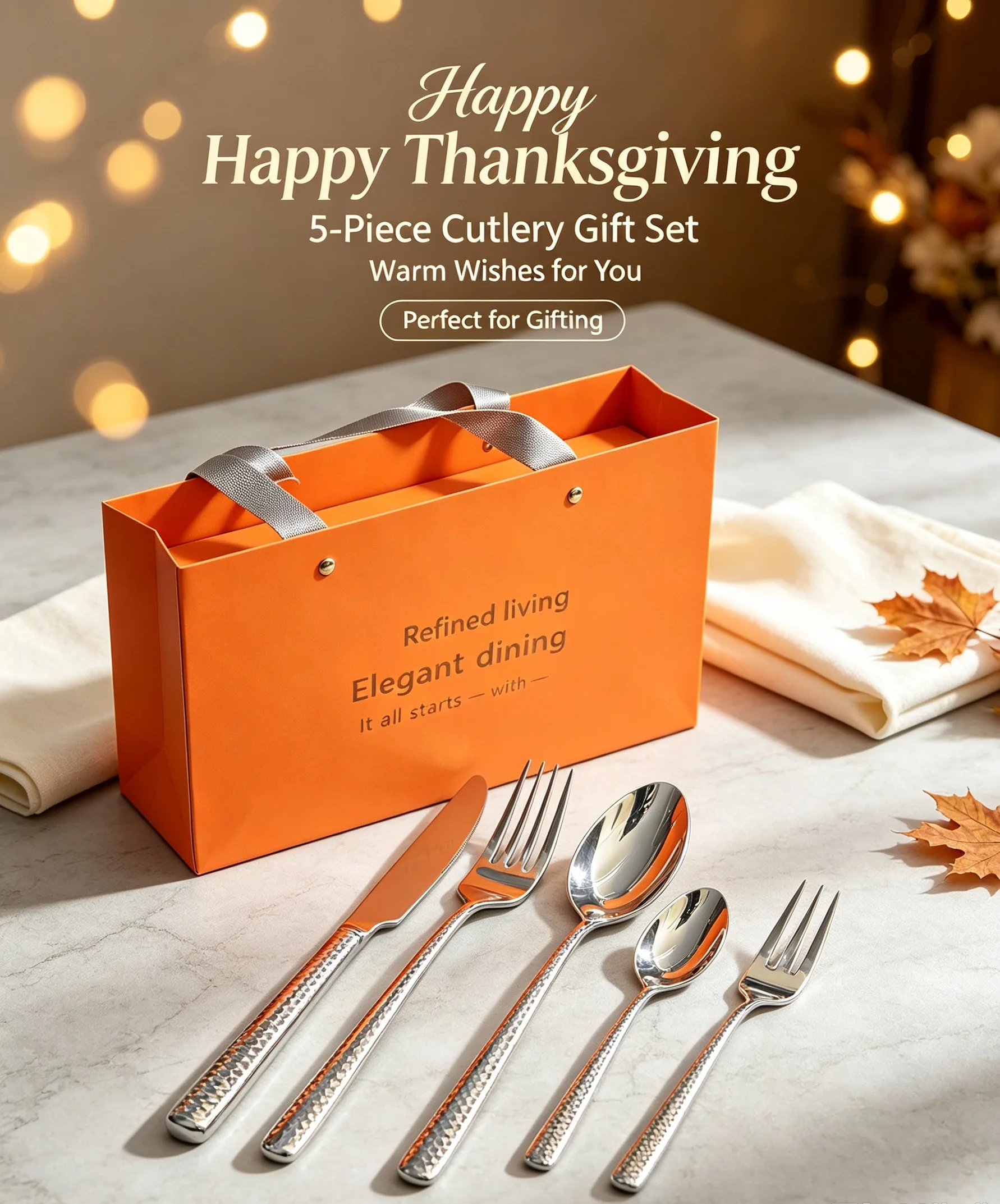 Thanksgiving Gift 5‑Pcs Stainless Steel Cutlery Set,Thin Hammer Handle 304/420 Grade,Reusable Tableware Luxury Gift Box Pack