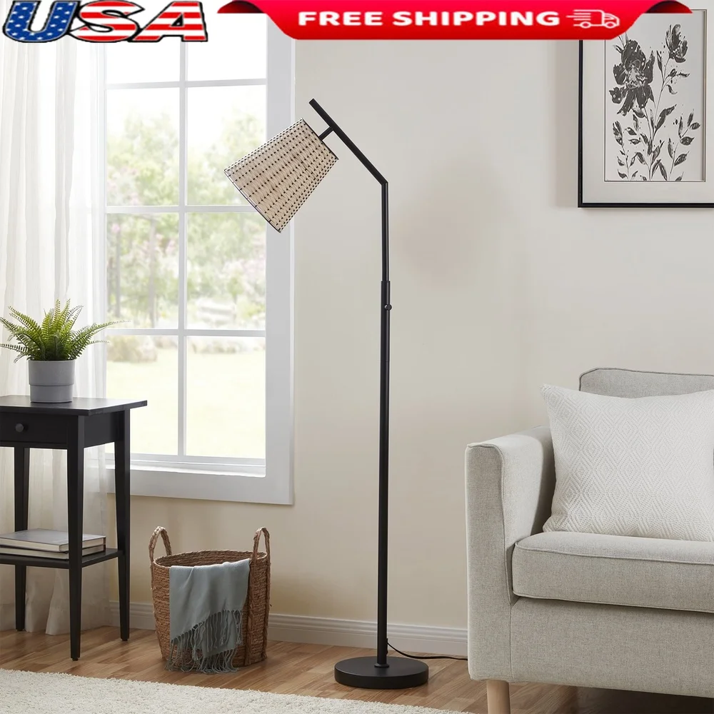 

60 Inch Boho Black Floor Lamp with Rattan Shade Unique Angled Design Natural Textured Aesthetic Sturdy Metal Base Modern Decor