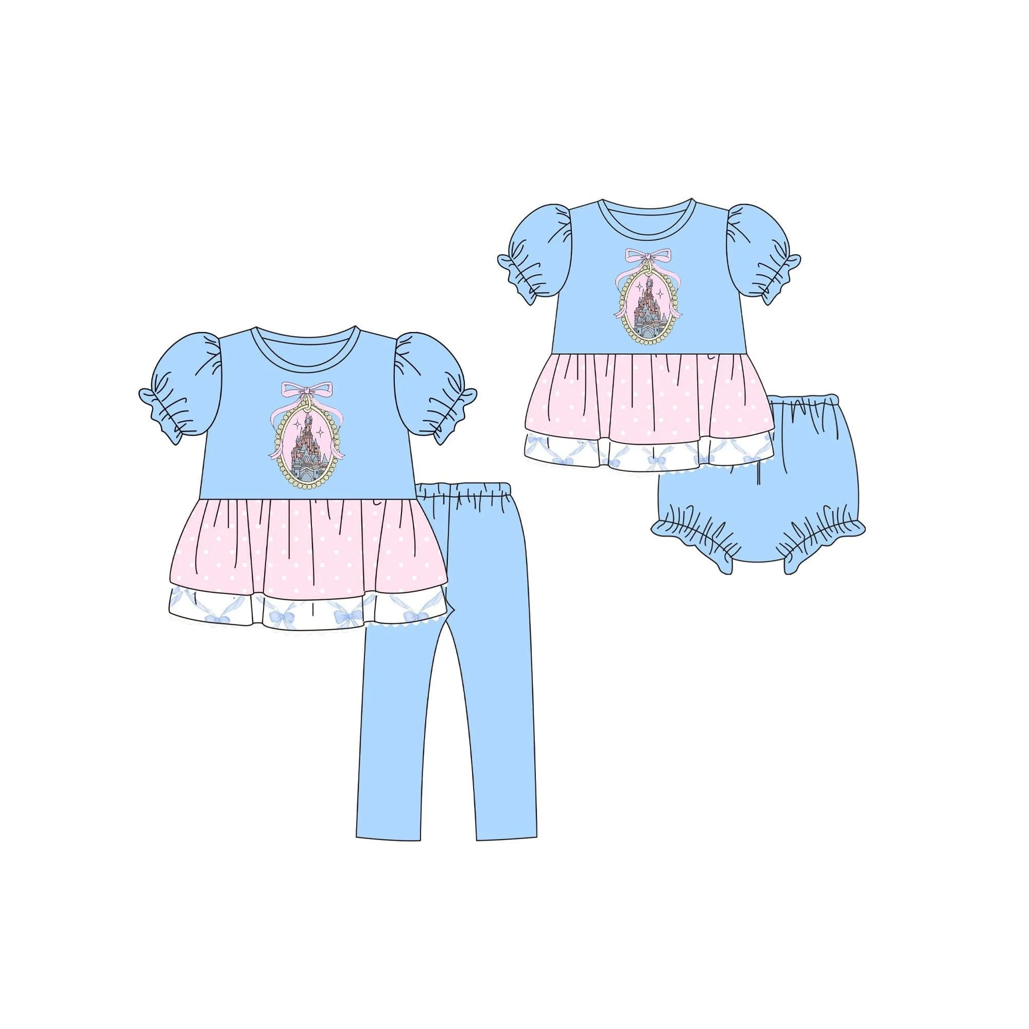 Boutique Girl Princess Castle Outfit  Blue Pink Castle Print Top  Pants/Shorts Set Ruffled Puff Sleeve Casual Clothes