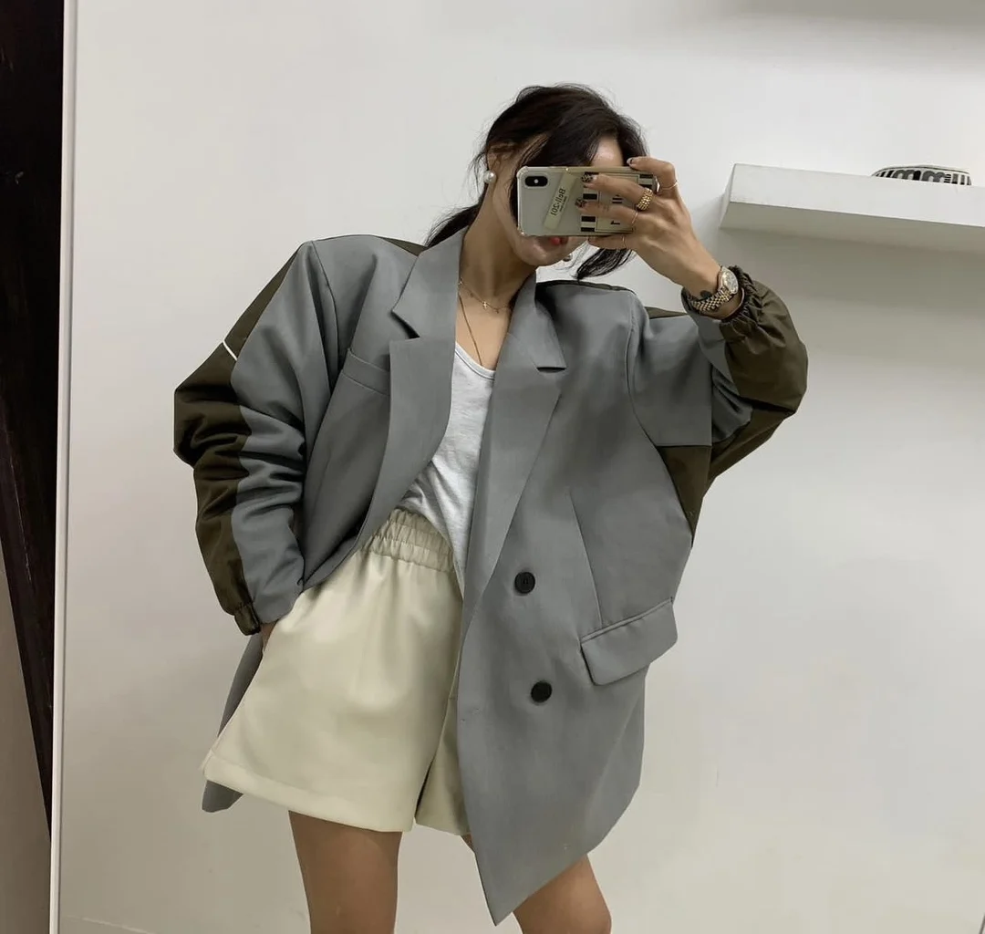 SuperAen 2023 Autumn Korea New Arrival Flip Collar Double Breasted Jacket Spliced Loose Casual Blazer Coat