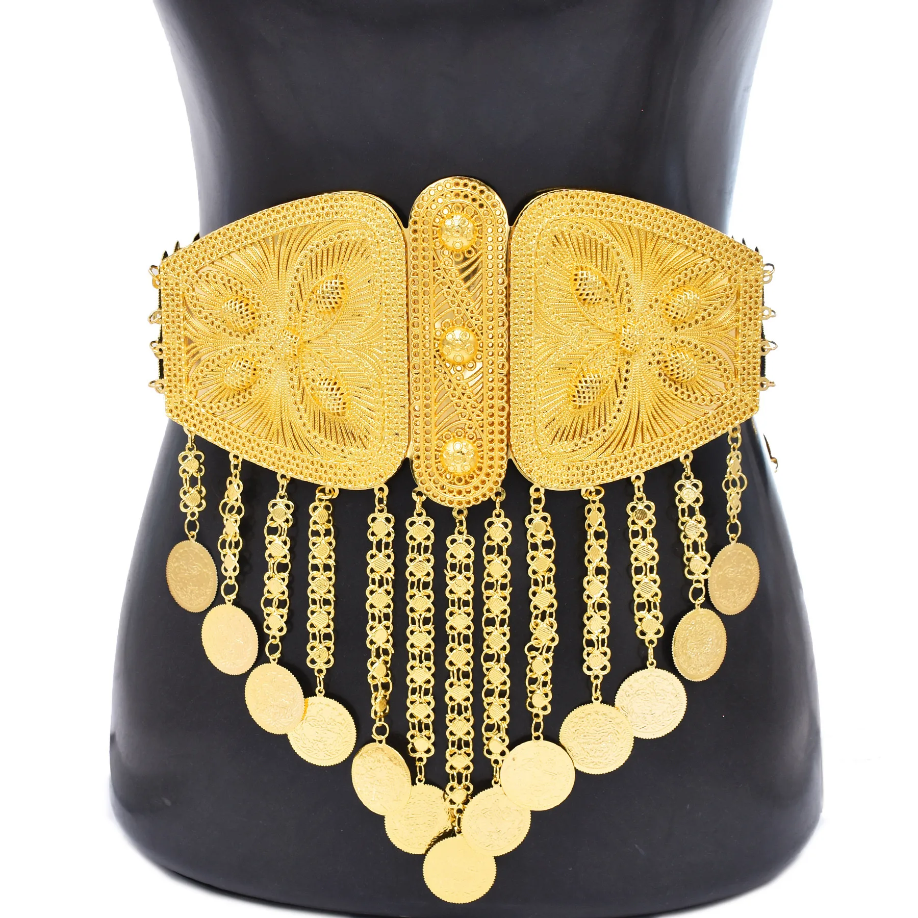 Golden Trending Butterfly Long Chain Coins Waist Belly Chains Turkish Kurdish Ethnic Dress Metal Belt India Morocco Body Jewelry