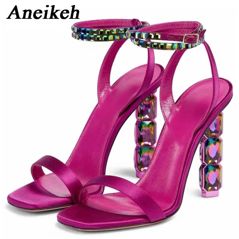 Aneikeh Sexy Sparkly Stacked Crystal Heel Sandals Woman Summer 2024 Thin Embellished Ankle Straps High Heel Shoe for Women Pumps