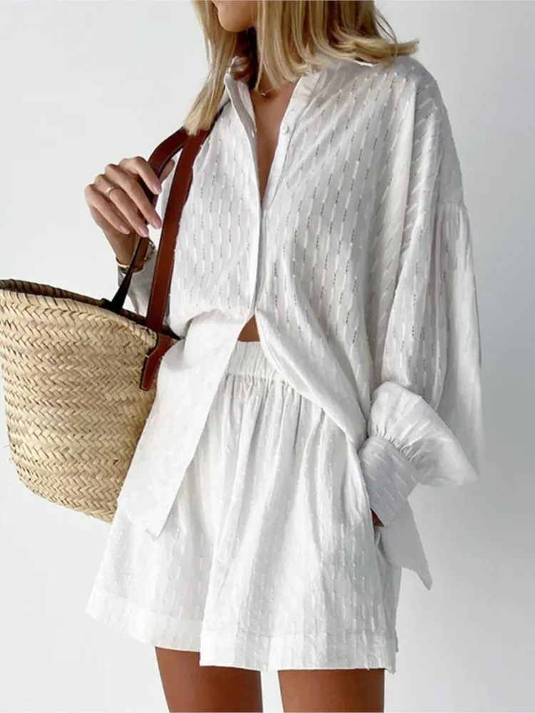 

Women White Shorts Sets 2024 Spring Autumn Hollow Loose Shirt And Shorts Suit 2 Piece Sets Fabric Lantern Sleeve Female Outfits