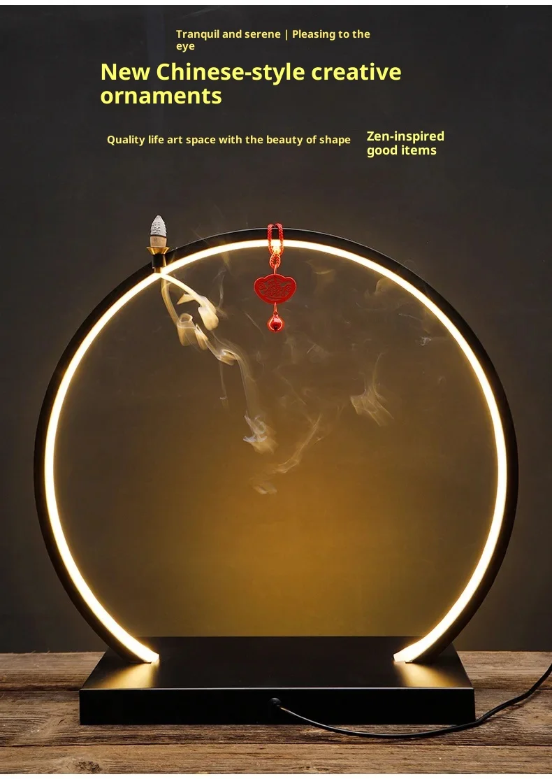 Creative Zen Swelling Ornaments Fragrance Warm Light LED Ring Lamp Lantern Circle New Chinese Backflow Incense Display Bracket
