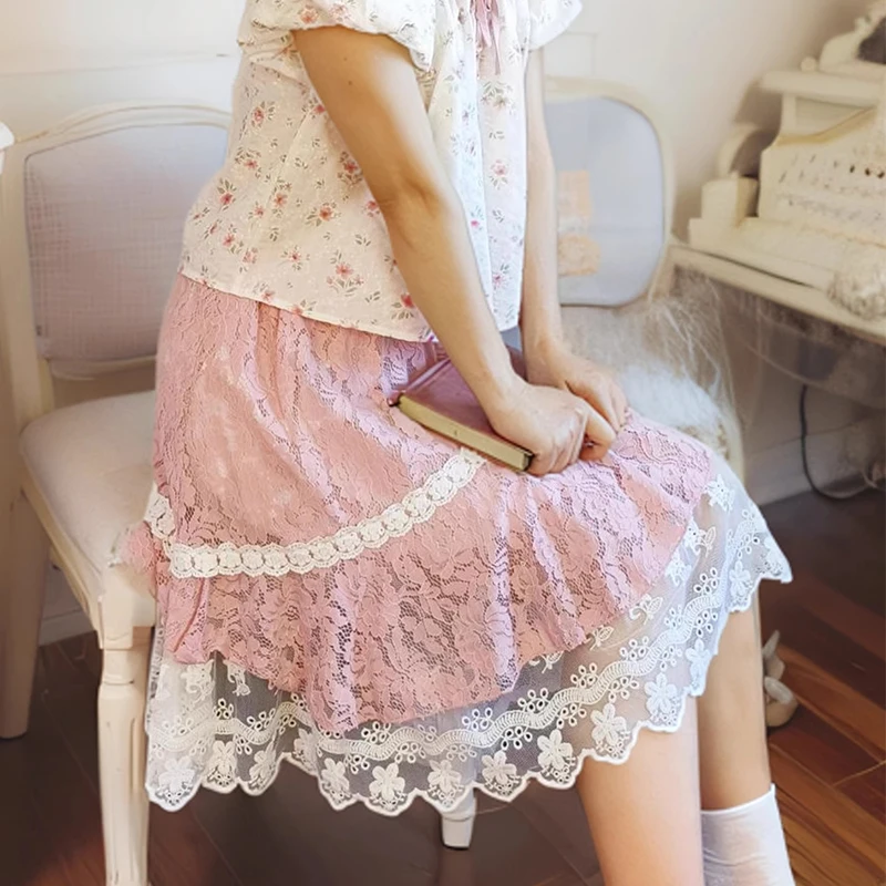 

Mori Girl Sweet Skirts Women Clothing Lace Embroidery Pink Color Double-layer Stitching Complex New Femala Kawaii Skirts A046