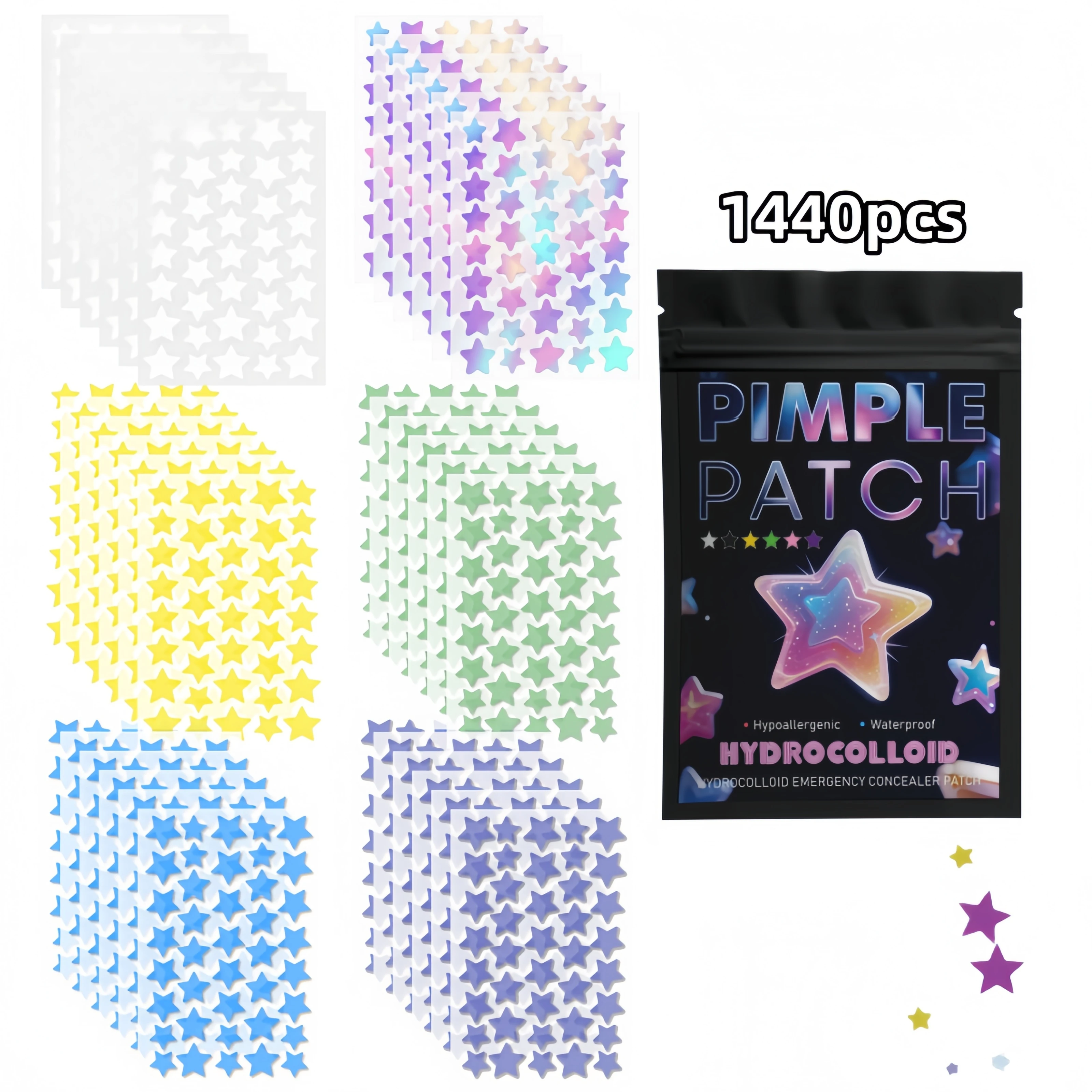 240/1200/1440pcs 6-Color Star Acne Patches, Mixed Sizes Hydrocolloid Stickers for All Skin Types, Skin-Friendly & Gentle