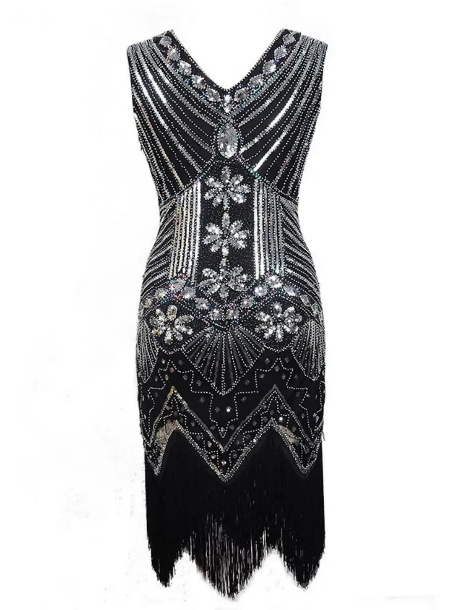 レトロなスパンコールとビーズをあしらった、ファッショナブルなフリンジ付きイブニングガウン、ローウエスト、スカート付き、パフォーマンス用