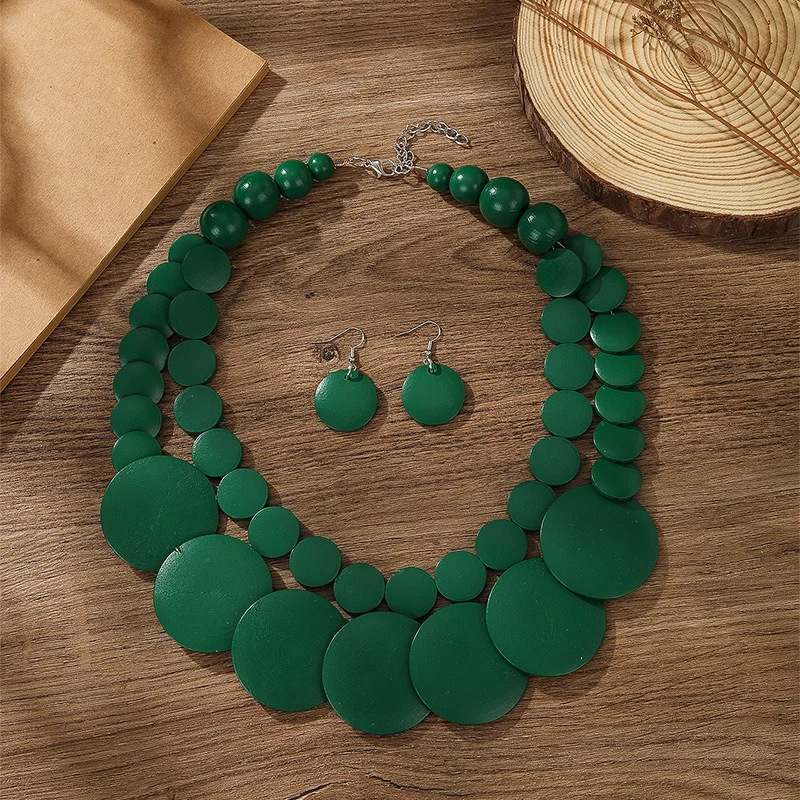1set Vintage Two Layer Wood Necklace African Wedding Party Dress Wooden Beads Necklace Earring Jewelry Sets For Women Gifts