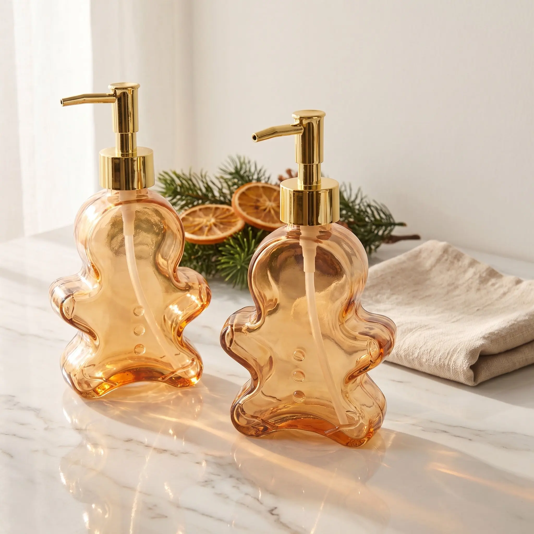 2pcs 280ml Gingerbread Man Hand Sanitizer Bottle Glass Soap Dispenser Refillable Liquid Lotion Bottle Bathroom Access