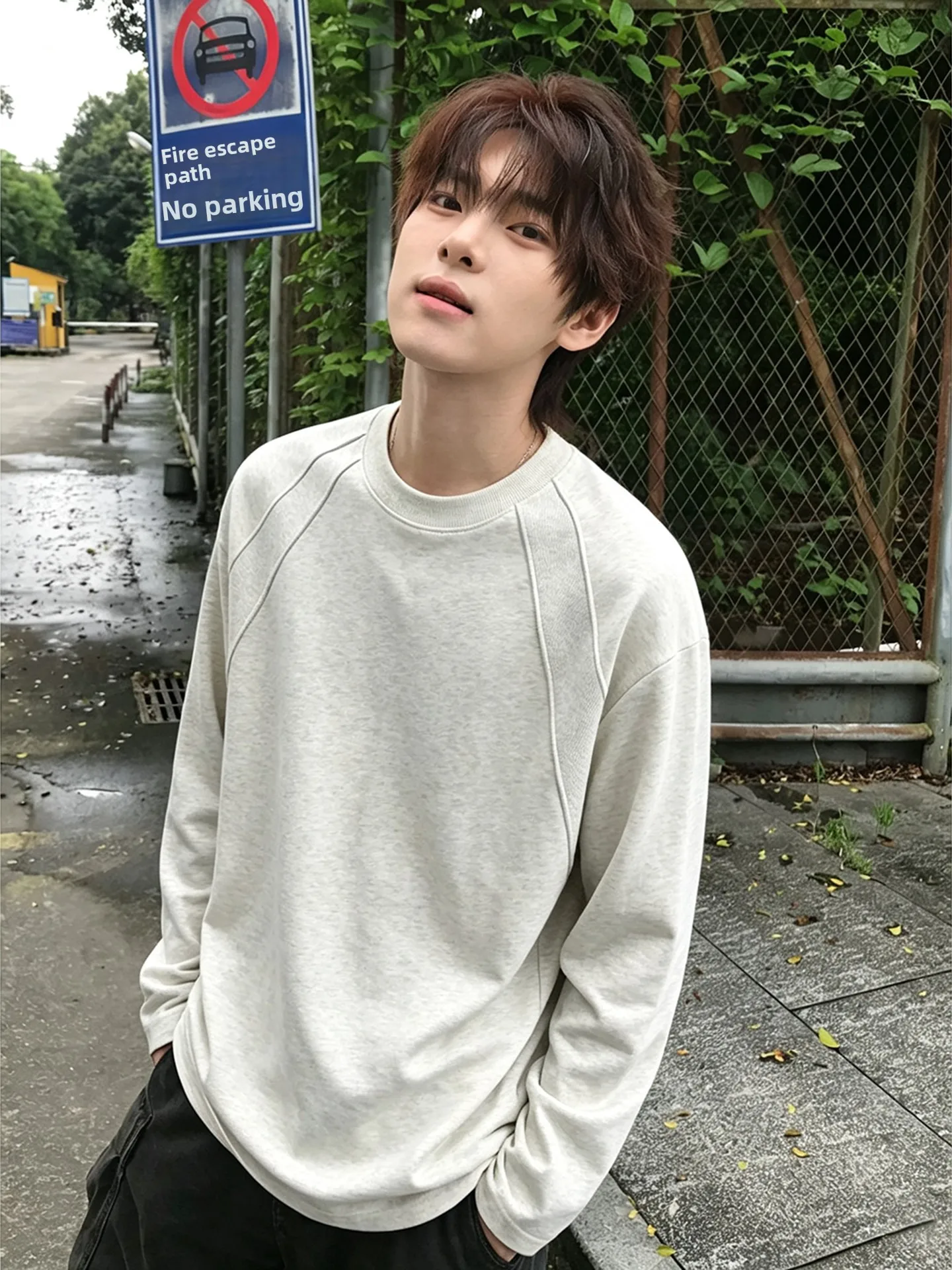 Gray American Deconstructed Sweatshirt Long Sleeve Men's Base Shirt Small Collar Heavyweight T-shirt for Autumn Casual Style