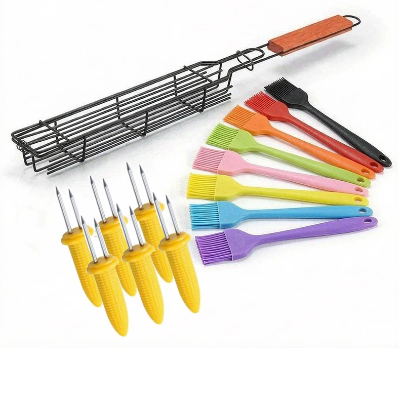Corn Fork + Wooden Handle Barbecue Cage + Oil Brush Camping Meat And Vegetable Barbecue Rack Picnic Barbecue Tools Cookware