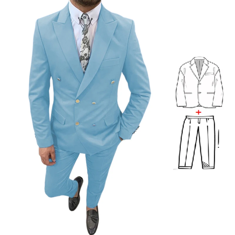 

New Casual Syle 2 Piece Men Suit 2023 Sky Blue Mens Groom Tuxedos Wedding Suits for Men Tailor Made Blazer Pants Traje Hombre