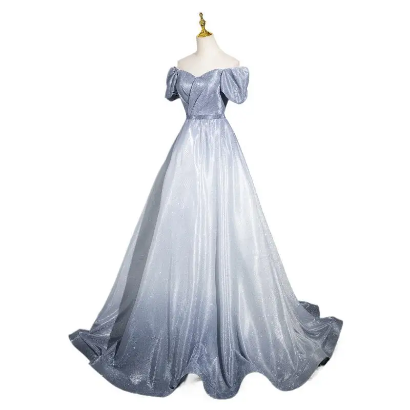 2025 novo verão feminino nova malha gradiente vestido de noite elegante emagrecimento um ombro grande balanço volta cinta vestido