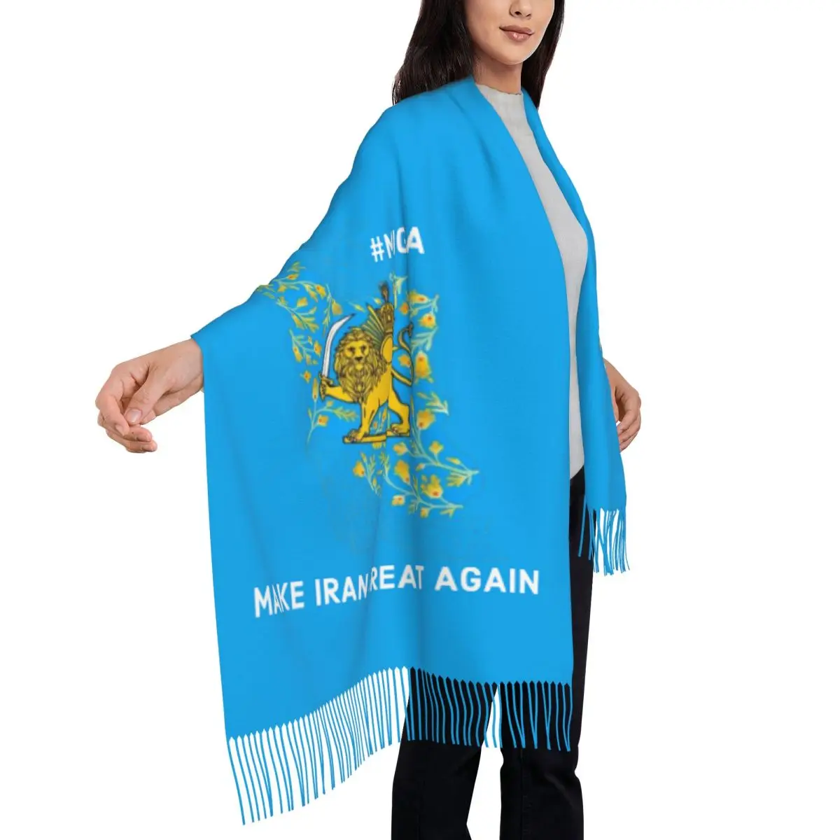 Make Iran Great Again Persian Lion And Sun Shiro Khorshid Scarf Shawls Wrpas with Long Tassel Female y2k Scarves Wraps Bufanda