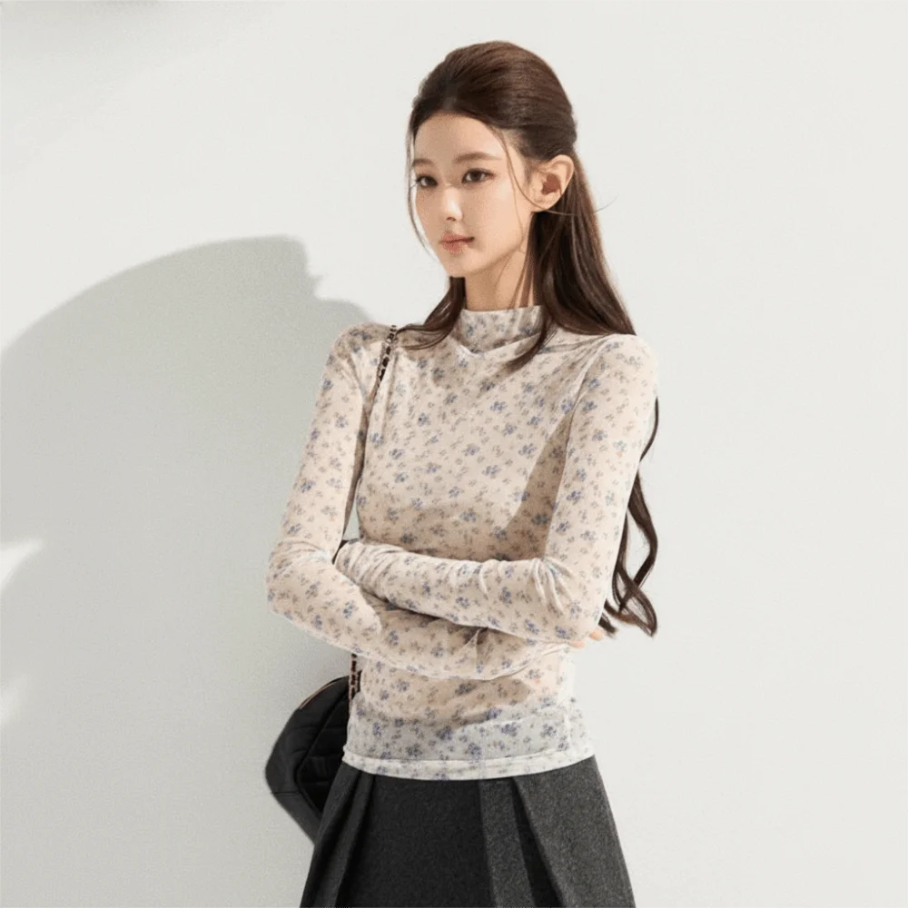 

Elegant Korean Style Layered Shirt Floral Print High Collar T-Shirt Slimming Fit Breathable Inner Wear Women Daily Wear