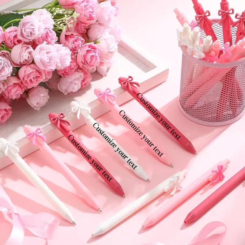 15/25/50/70/100 Pieces Bow-Tie Ballpoint Pens, Pink, White, Coral Red, Customizable with the Desired Text or Important Dates, Retractable Bow-Tie Pen, Black Oil-Proof Pen, Perfect for School, Office, Journaling, and Gi
