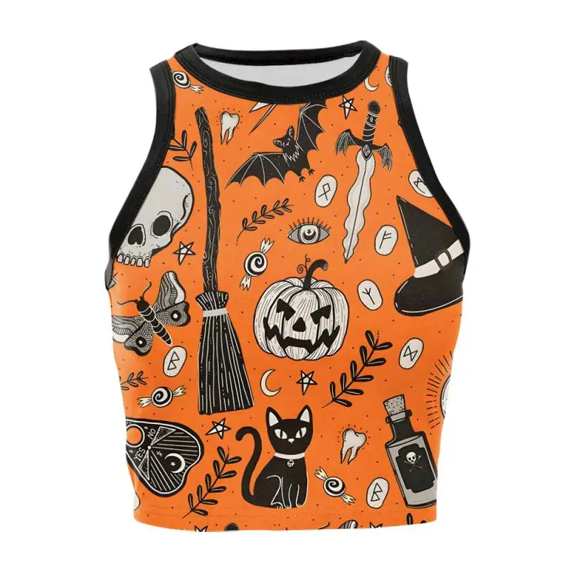 Nadanbao Damen-Crop-Top mit Geister-Kürbis-Print, kurze Weste mit Rosen-Totenkopf-Muster, sexy, schmales, ärmelloses Hemd, Halloween-Party-Top – Detail 27