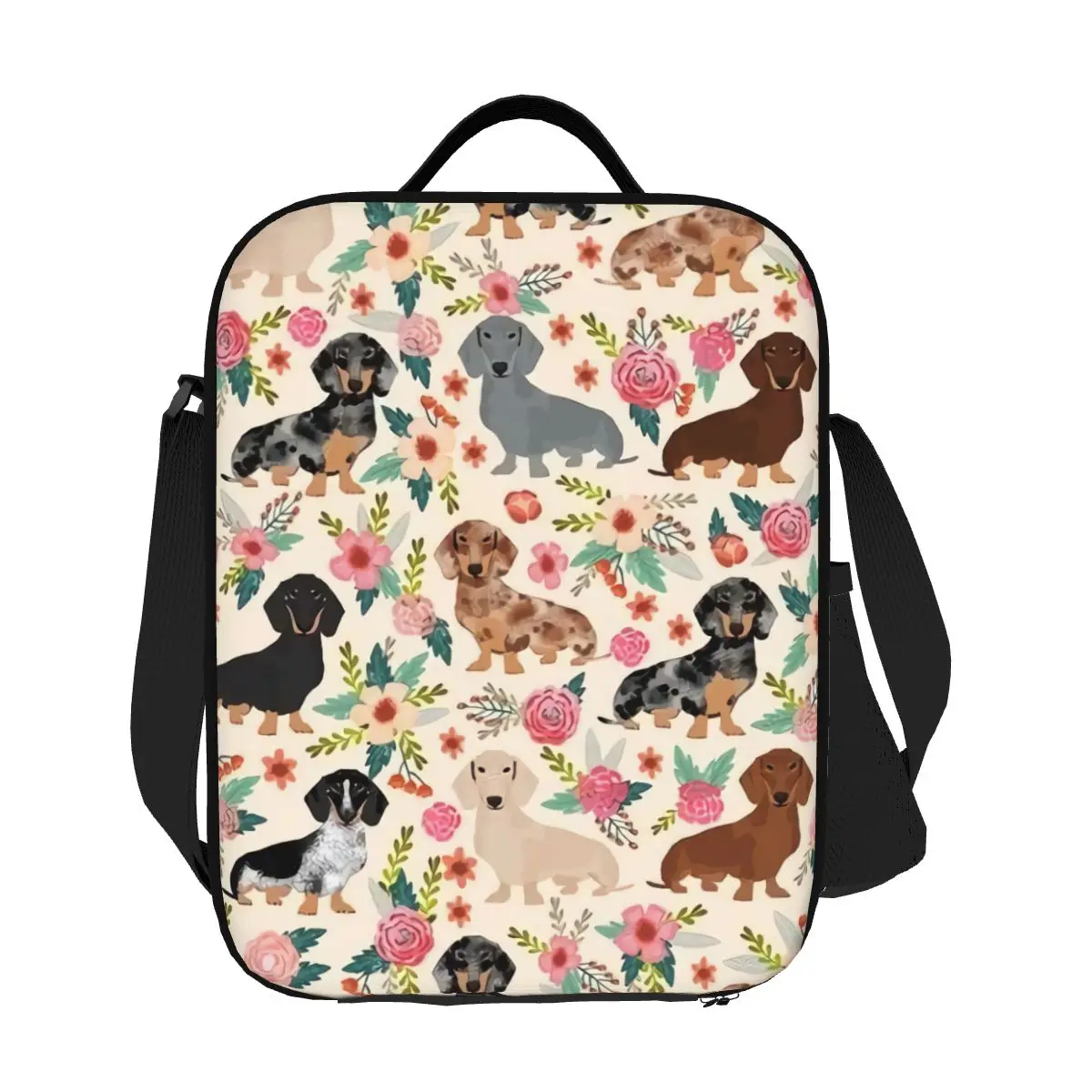 Doxie Florals Dachshund Insulated Lunch Bag for Women Sausage Dog Lovers Thermal Cooler Lunch Box Office Picnic Travel