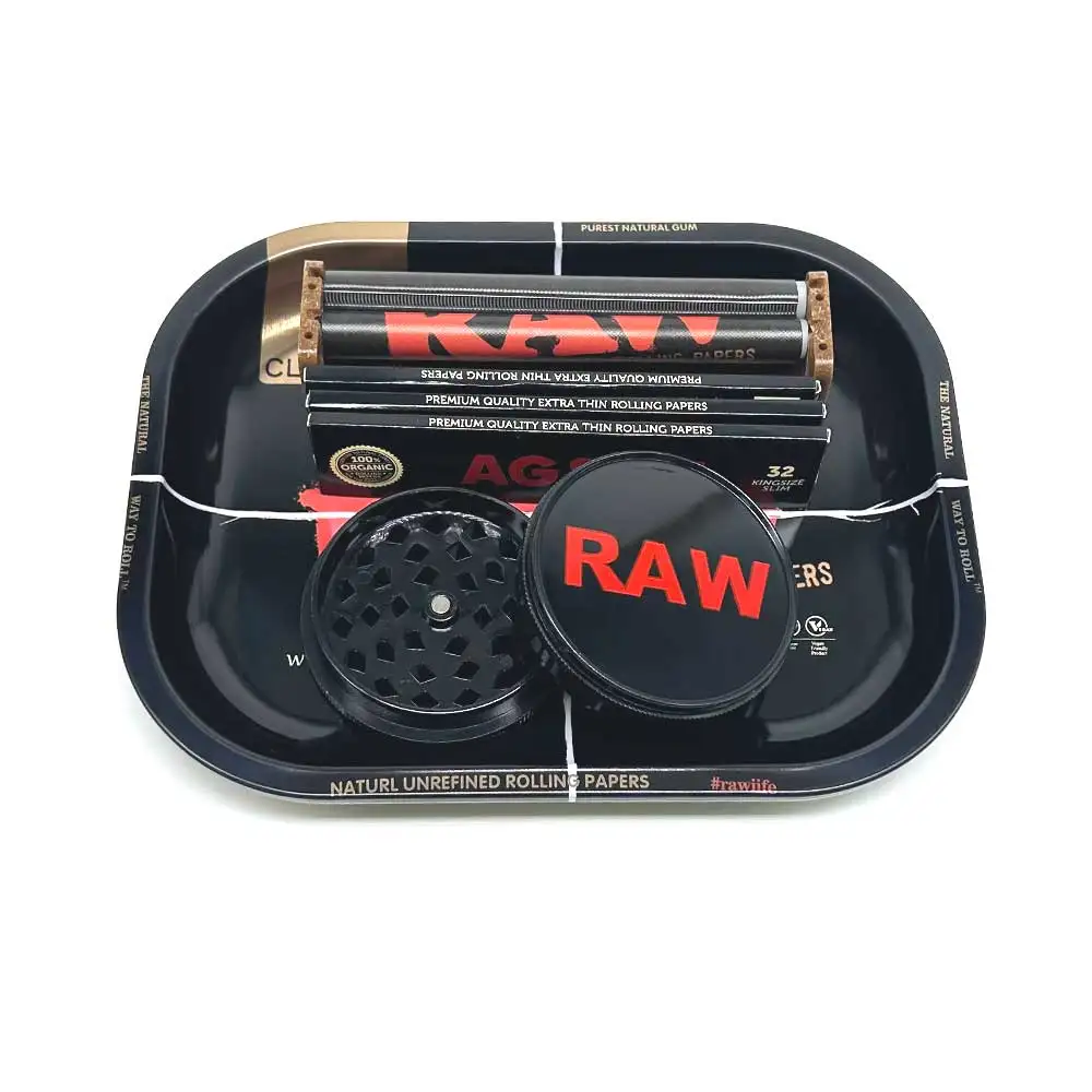 Bandeja rodante de tabaco de Metal de 18x12,5 cm, Kit de 6 uds., molinillo de hierbas de plástico de 60MM, máquina rodante de 110mm, trituradora de especias