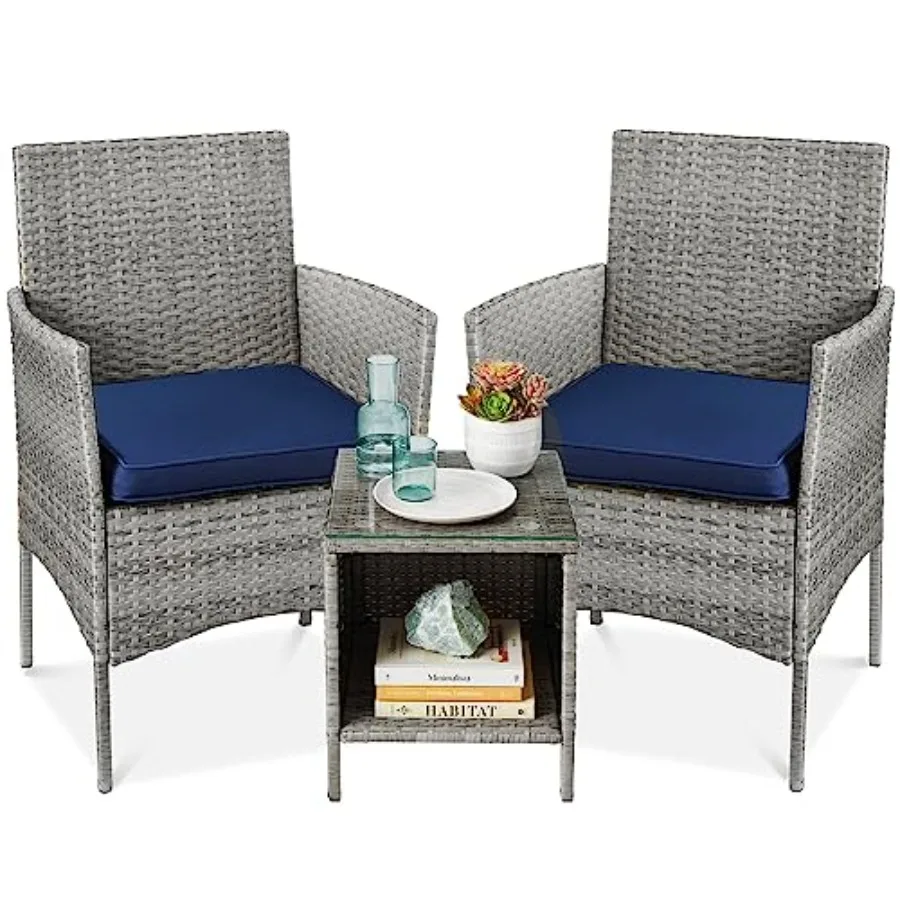 Best Choice Products 3-Piece Outdoor Wicker Conversation Bistro Set Space Saving Patio Furniture for Garden w/Side Table - Gray