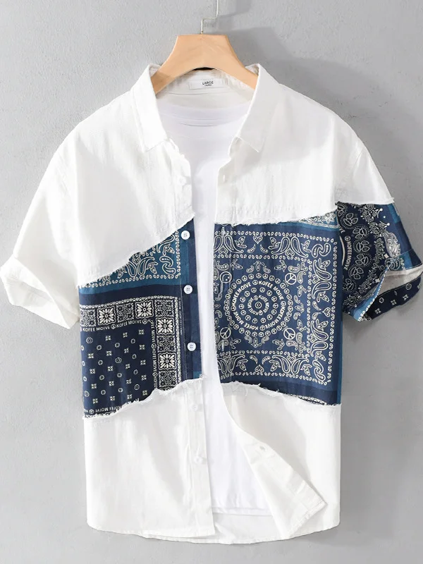 

Vintage Spliced Pure Cotton ort Sve irt Men's Summer Faion Urban Sle Breathable Loose Fit Square Collar Open Cardigan