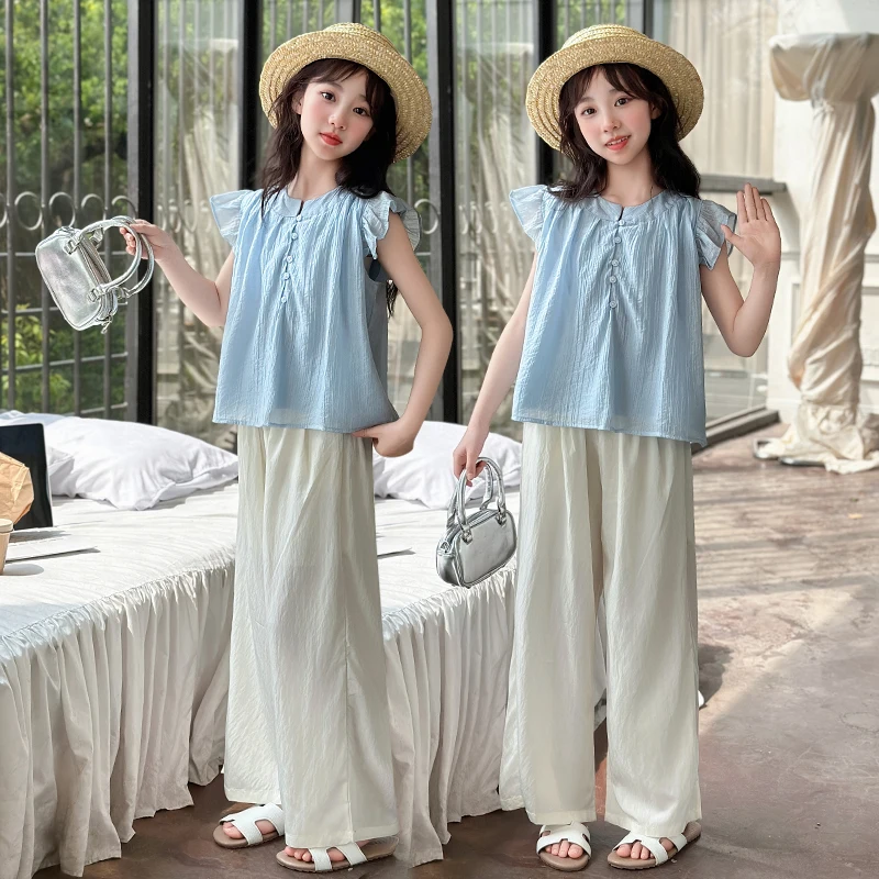 

Girls Flutter Sleeve Clothing Set Children Chiffon Thin Blouse + Wide-Leg Pants Two-Piece Set 2025 New