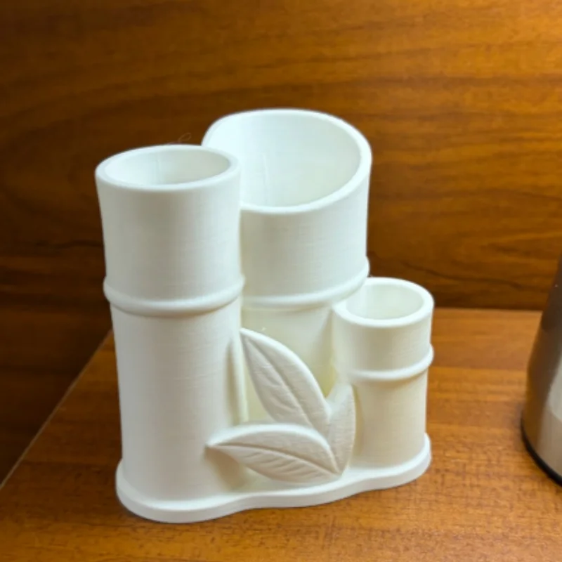 3D Printed Bamboo Shaped Pen Holder,Multi-tube Desk Organizer with Leaf Carving Stationery Storage Plastic Desktop Storage Decor