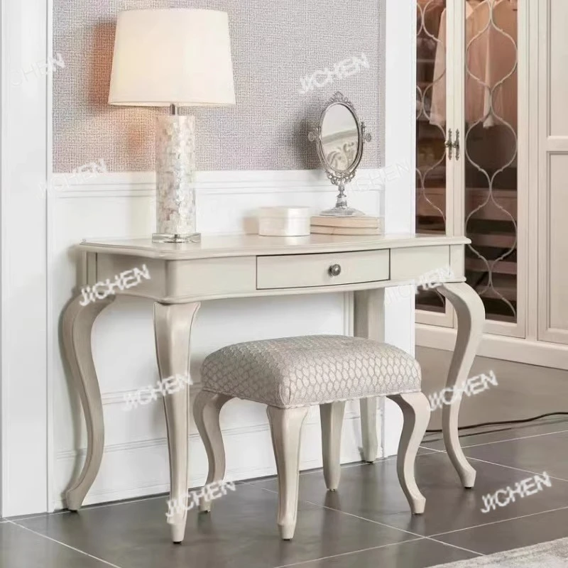 Toaletka w stylu vintage z litego drewna dębowego, biała, z szufladami, biurko do nauki/pracowania.