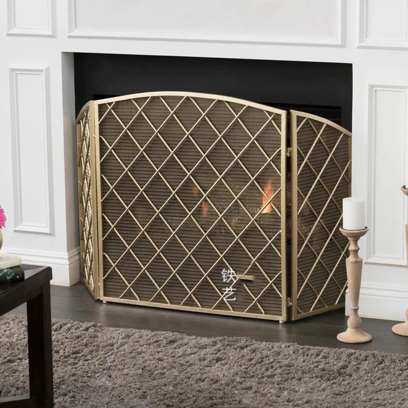 Simple wrought iron gold black fireplace screen partition three-fold fireplace door with mesh metal fence decoration