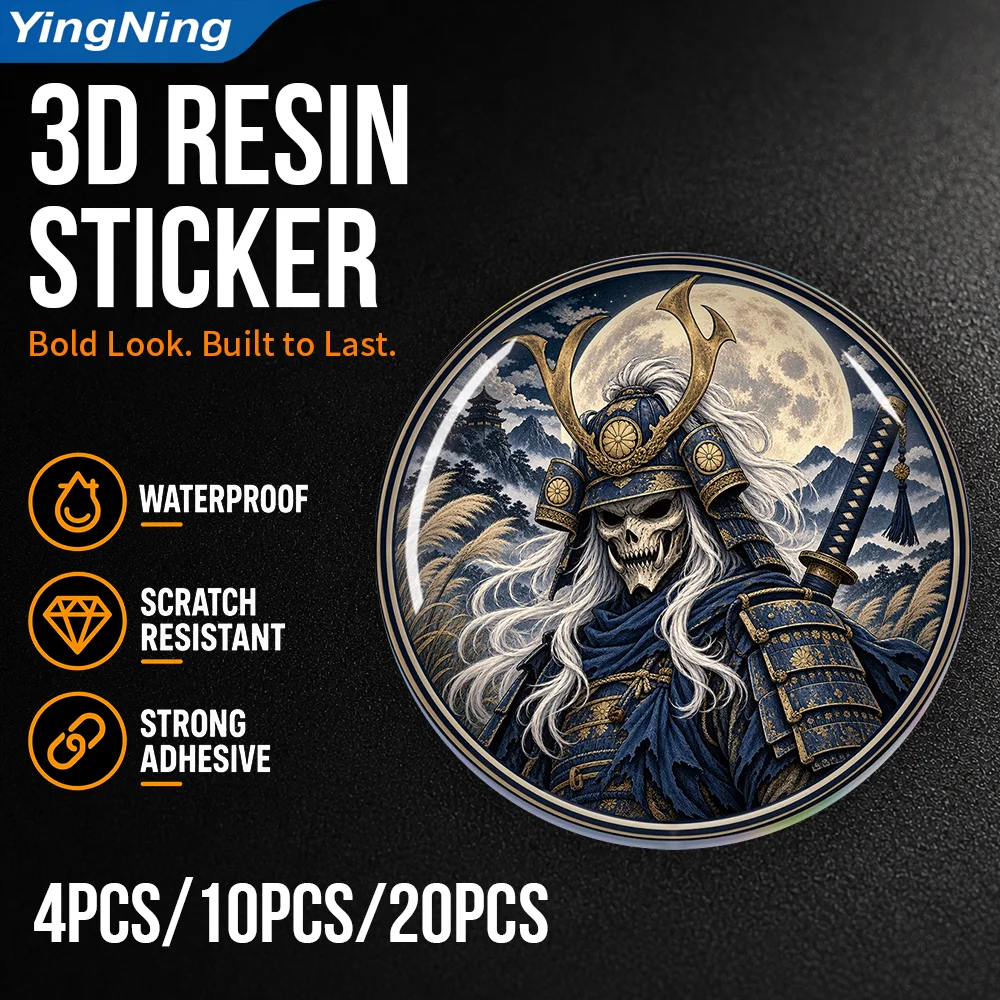 Japanese Samurai Skull 3D Epoxy Resin Domed Sticker Skeleton Warrior Waterproof Self Adhesive Car Decal for Auto Laptop Tumbler