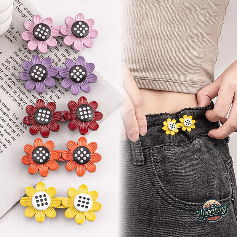 

2Pcs Sunflower Button Adjuster For Pants Skirt Waist Tightener Adjustable Waist Buckle For Jeans No Sewing Required Waist Button