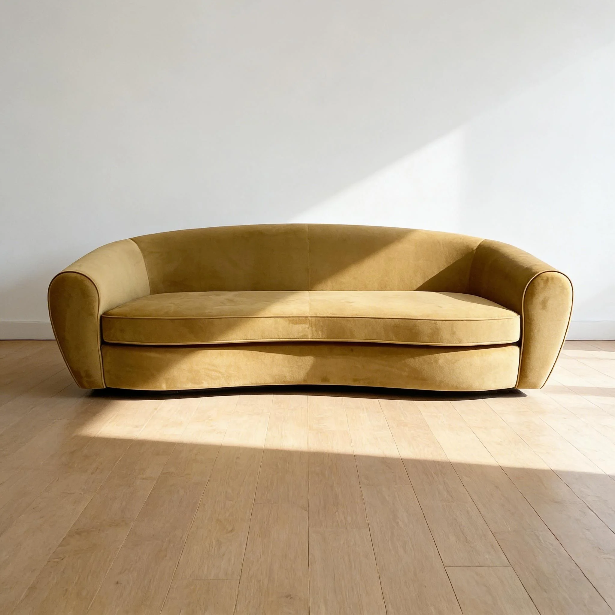 Curved Minimalist Three Seat Sofa Light Brown Fleece Durable High-Density Sponge Light Cozy Style Living Room Fabric Sofa