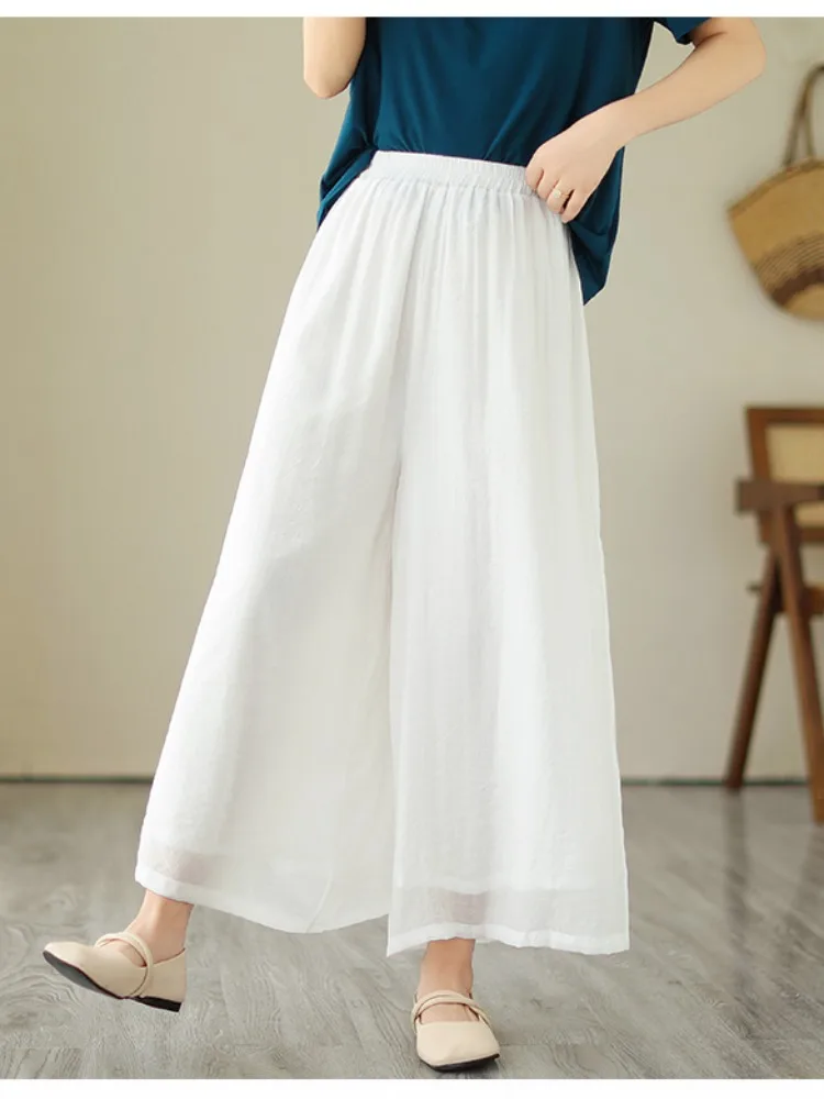 Ladies Thin Double Layer Wide Leg Pants Summer Dra Slimming Fairy Aosphere Long Pants  Linen Split Casual Skirt