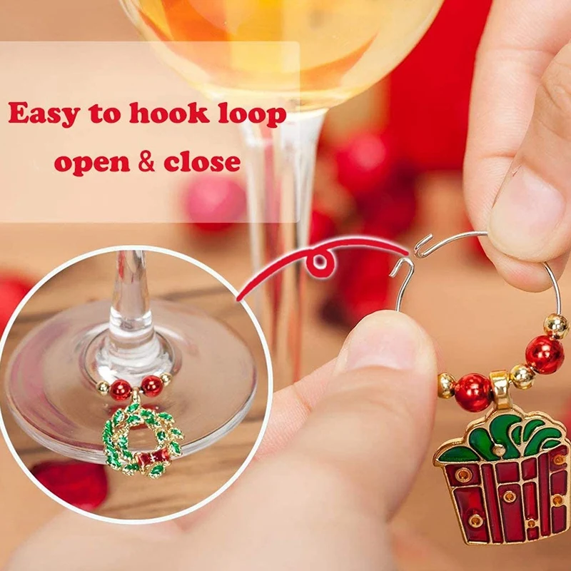 مجموعة حلية زجاجية للنبيذ ، علامات كوكتيل ، علامات نظارات الشمبانيا ، زينة عيد الميلاد ، مجموعة من 6