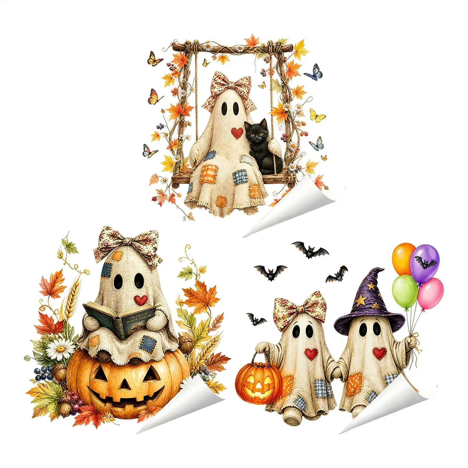 Halloween Static Window Stickers Cute Pumpkin Ghost Glass Decals Removable Reusable Cling Film Door Wall Decor for Home Office