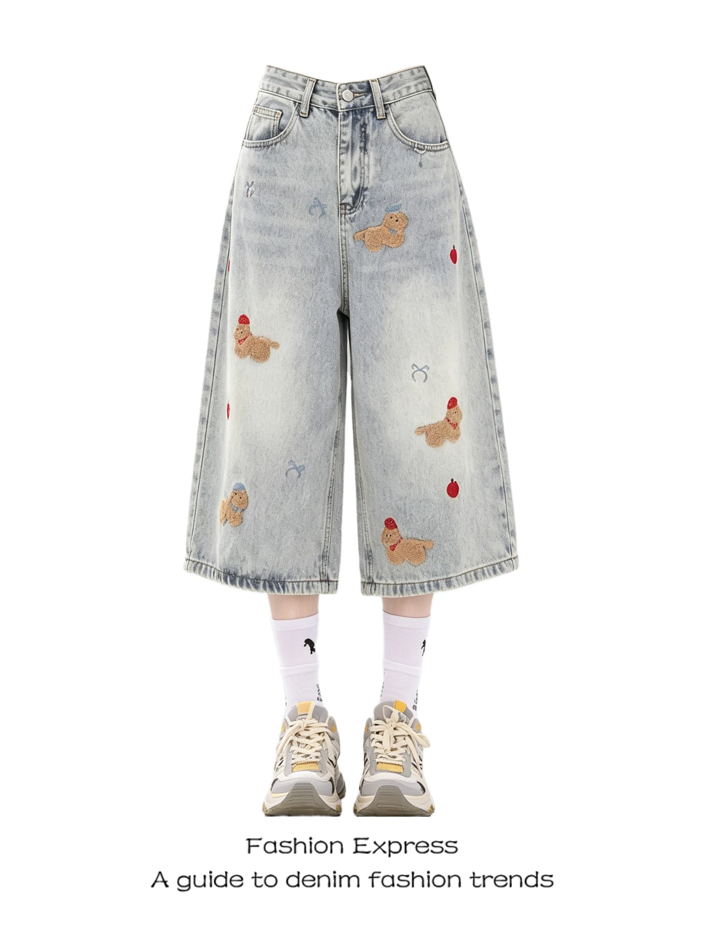 

Summer Casual High Waist Embroidered Denim Wide Leg Pants Loose Straight Cut Jeans Blue Cartoon Sausage Dog Ladies Trousers