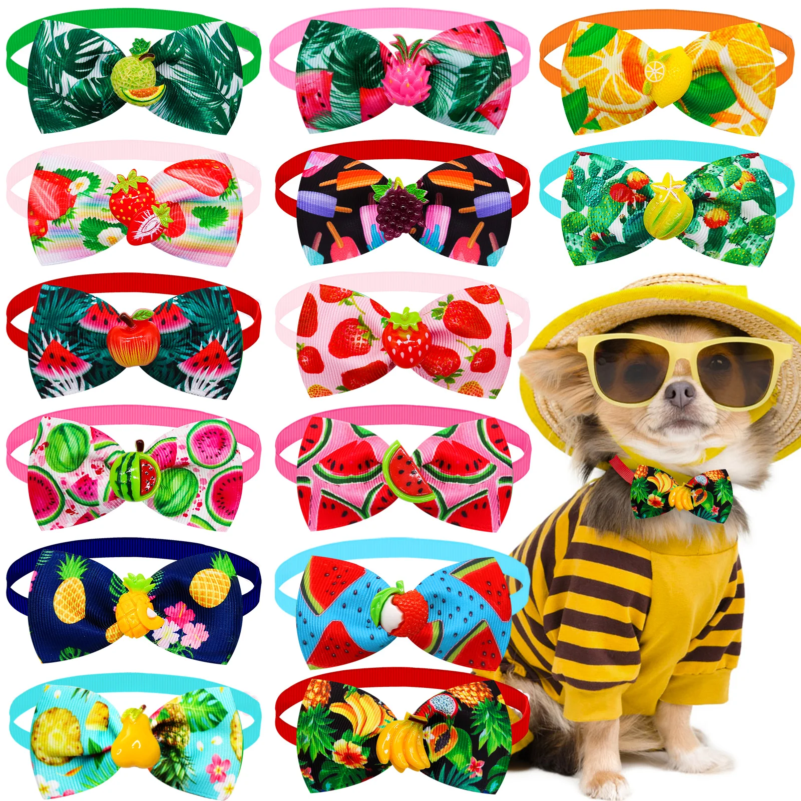 

100PCS New Dog Bowties Spring Fruit Style Bow Tie Collar For Dogs Fashion Small Dog Cat Bows For Dogs Grooming Accessories