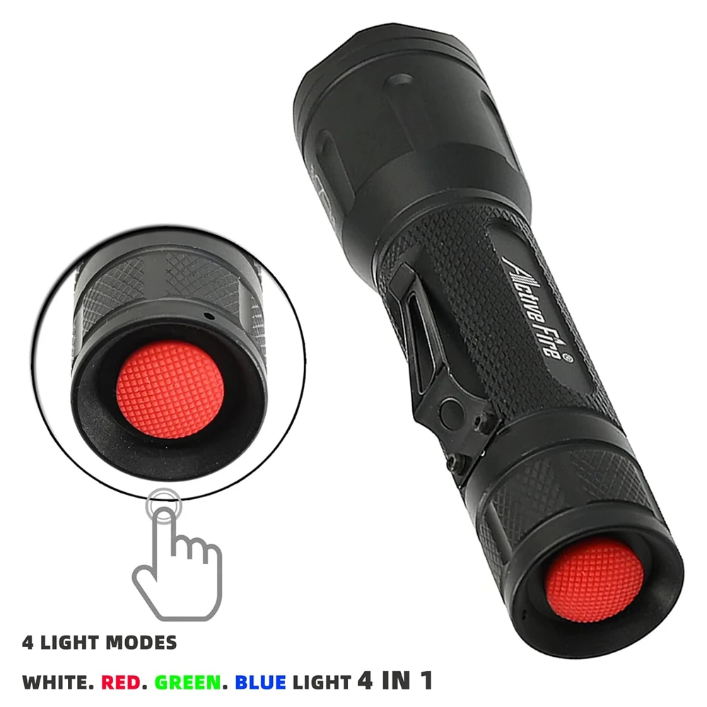 4 in 1 Multicolor Tactical Flashlight, Can Zoom White Blue Green Red Light, RGB Waterproof Handheld Torch with Clip, Suitable