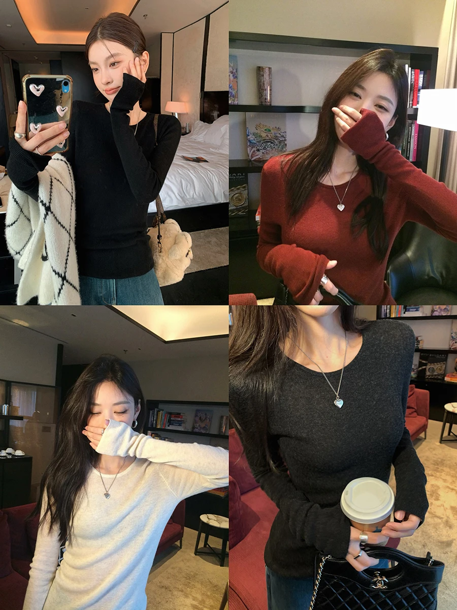 

Zhang Beibei Ultra-Thin Wool Knitted Sweater round Ne Long Sve Women's Base Layer irt Warm Winter Faion Ladies' Knit...