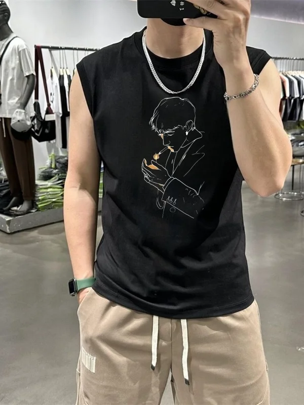 

American Sle White Svel Vest T-irt Men's Summer Sports Printed Pure Cotton Outerwear Trendy Youth Casual Cotton