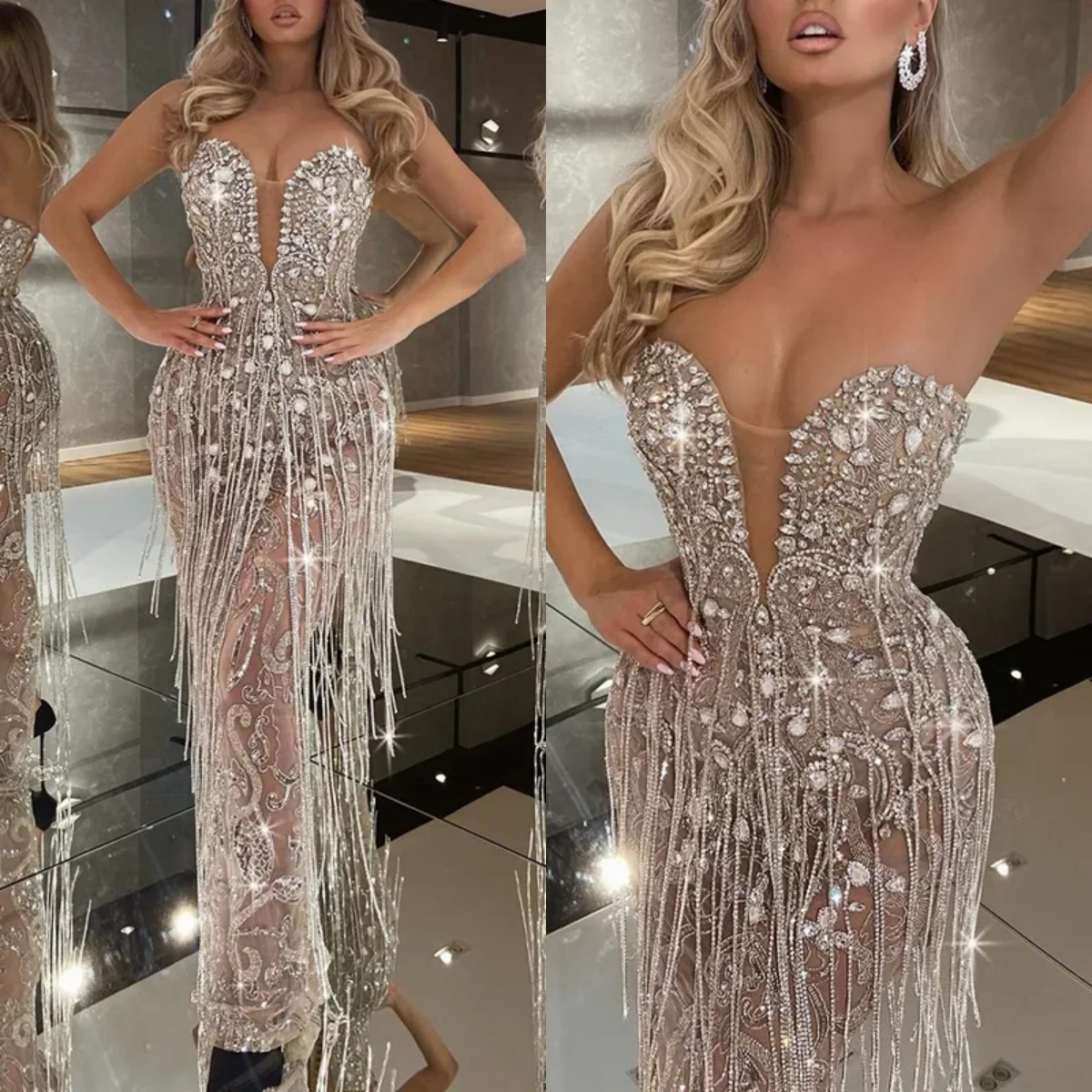 

Exquisite Evening Dresses Mermaid Strapless Crystals Long Tassel Prom Dresses فساتين سهرة Party Gown Custom Mad