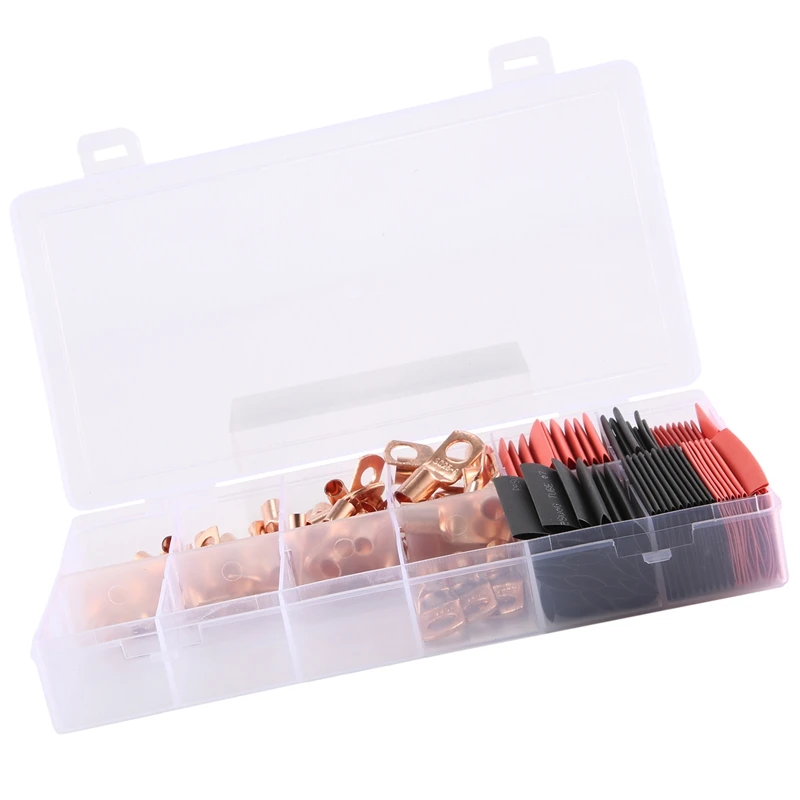 

AB33-150 Pcs Copper Wire Terminal Connectors, AWG 2 4 6 8 10 12 Ring Lug Kit With 70 Pcs Heat Shrink 80Pcs Battery Cable Lugs